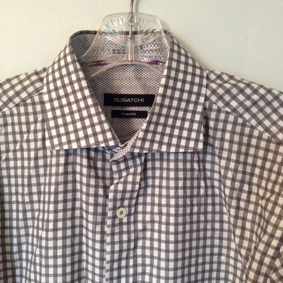 BUGATCHI MENS MEDIUM GRAY CHECKED SHAPED FIT LONG SLEEVE BUTTON UP SHIRT - Picture 4 of 6